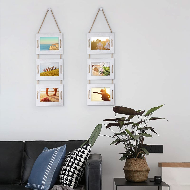 DLQuarts 5x7 Hanging Picture Frames Collage Wall Decor, 3-Frame Set, 3.5x5 with Mat or 5x7 Without Mat, Rustic Solid Wood Photo Frame Pack of 2 Vintage White - Image 2